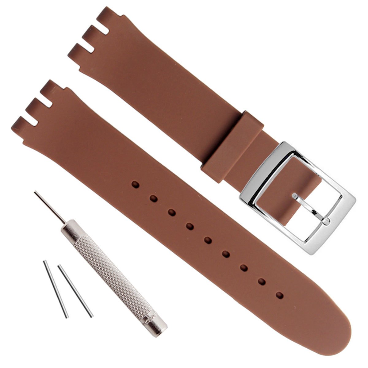 Silver Plated Stainless Steel Buckle Waterproof Silicone Rubber Watch Strap Watch Band (17mm, Light Brown)