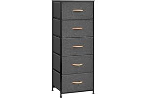 Pellebant Dresser for Bedroom with 5 Drawers, Tall Dresser Vertical Storage Tower, Sturdy Metal Frame, Fabric Storage Bins with Wooden Handle and Wooden Top, Organizer Unit for Closet/Hallway, Grey