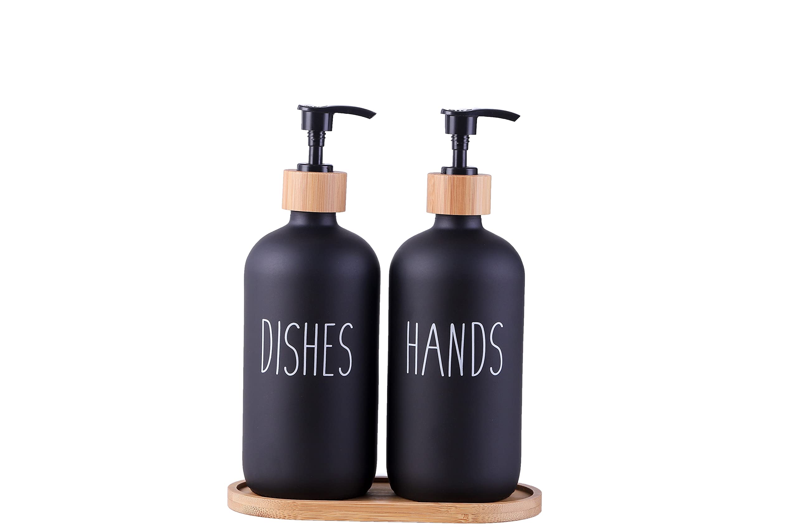 Glass Kitchen Soap Dispenser Set with Tray by Brighter Barns - Hand and Dish Soap Dispenser for Kitchen Sink - Glass Soap Dispenser - Modern Boho Farmhouse Kitchen Decor (Black)