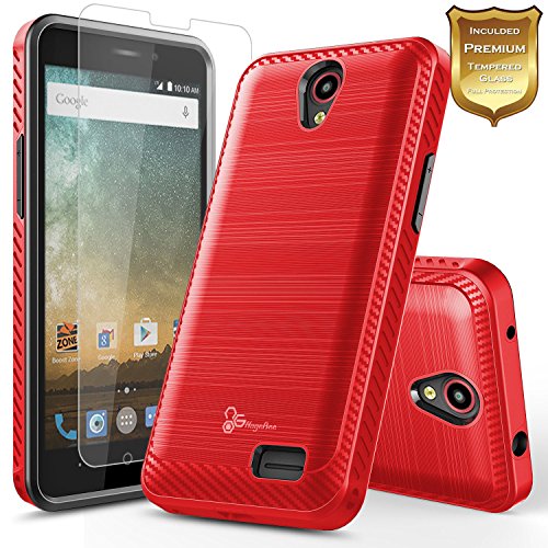 ZTE Maven 3 Case, ZTE Overture 3 Case with [Tempered Glass Screen Protector], ZTE Prelude Plus Case(4G LTE), NageBee [Carbon Fiber Brushed] Defender [Dual Layer] Protector Hybrid Case (Red)