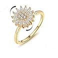 KONPJE Fidget Ring Sunflower Ring for Women Gold Anxiety Crystal Rings Cubic Zirconia Sunflower Ring Open Adjustable Fidget Ring Spinner Sun Ring for Men Trendy Jewelry