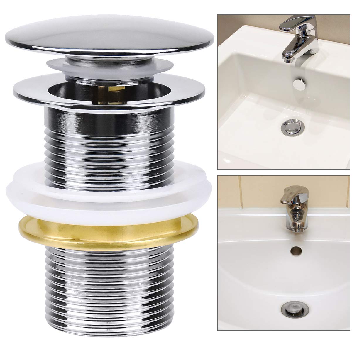 Universal Basin Sink Waste Pop up Drain Valve Set Click Sprung Plug Push Button Drainer Chrome Plated with Overflows for Bathroom Washbasin Sink Basin Seals