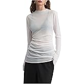 Floerns Women's Sheer Mesh Long Sleeve T Shirts Mock Neck Ruched Going Out Tops