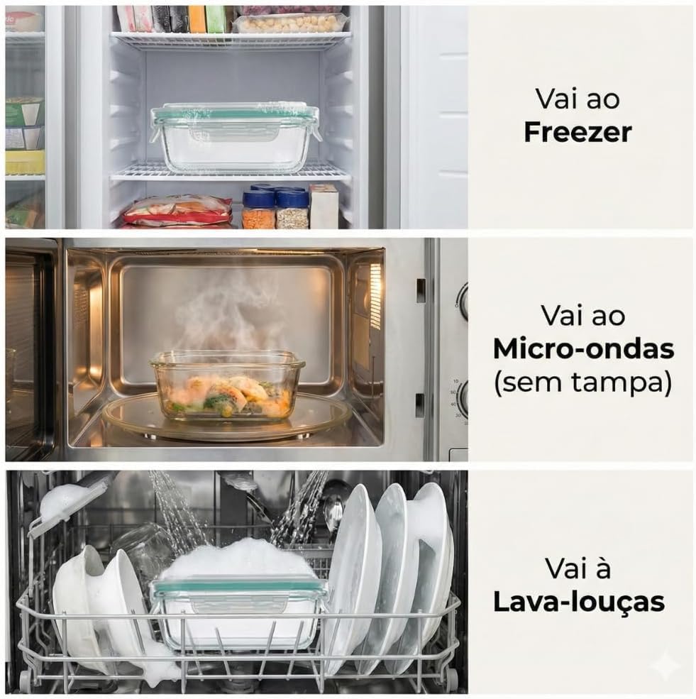 Conjunto 6 Potes Herméticos de Vidro com Tampa, 370ml 640ml 1040ml | Vedação Airtight, Ideal para Geladeira, Ideal para Freezer, Ideal para Marmita, Tampa Branca