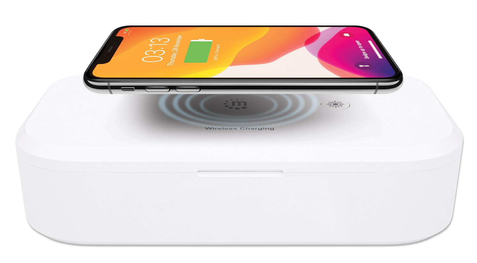 Manhattan UV Phone Sanitizer with Wireless Charger, 10W Wireless Charging Pad, Integrated UV LEDs to eliminate germs, viruses and bacteria, two cleaning cycles, Auto-off UV light when opened