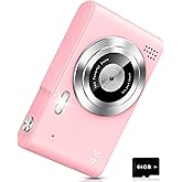 Digital Camera, Camera for Kids, UHD 4K 48MP Point and Shoot Digital Cameras with 64GB SD Card and 16X Digital Zoom Anti Shake, Compact Portable Small Gift for Boys Girls Students, Pink