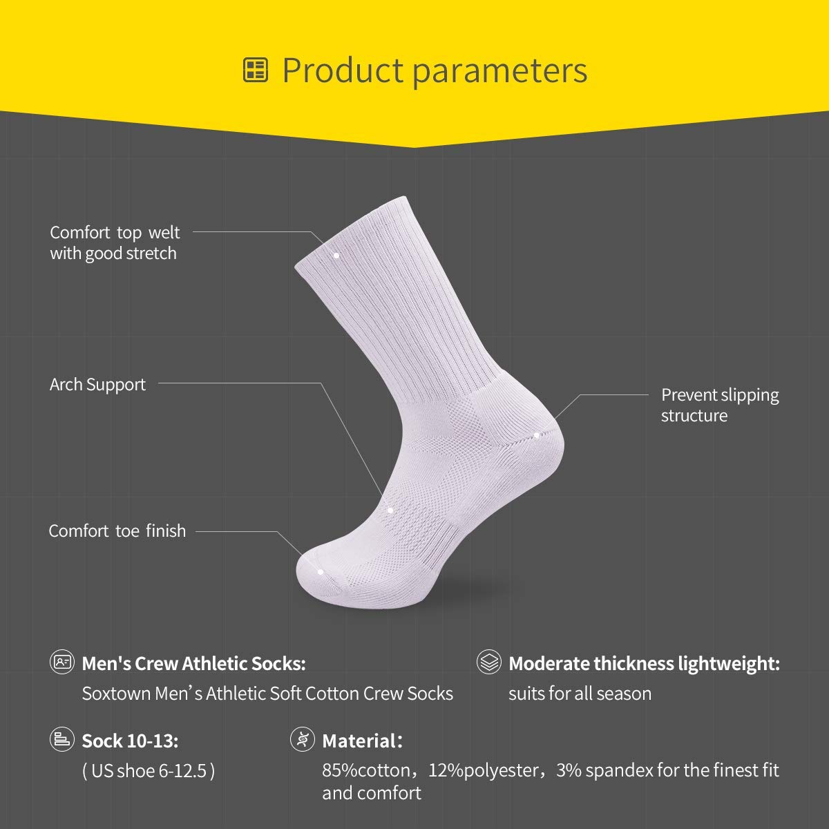 SOX TOWN Unisex Cushioned Crew Training Athletic Socks Men & Women with Combed Cotton Moisture Wicking Breathable Performance