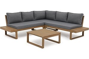 Soleil Jardin 4 Piece Acacia Wood Patio Furniture L-Shaped Outdoor Sectional Sofa Set with Coffee Table, FSC Certified Conversation Set with Built-in Side Table and Grey Cushions for Garden