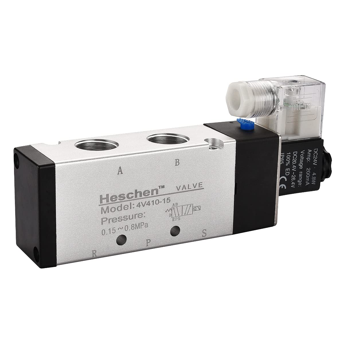 Heschen Electrical Pneumatic Solenoid Valve, 4V410-15, 24VDC 4.8W, PT1/2'', 5 Way 2 Position, CE