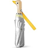 Natuquebrela Cute Duck Umbrella Automatic - Compact Pretty Pocket Size Strong Duck Collapsible Umbrella Yellow Wooden Handle for Women
