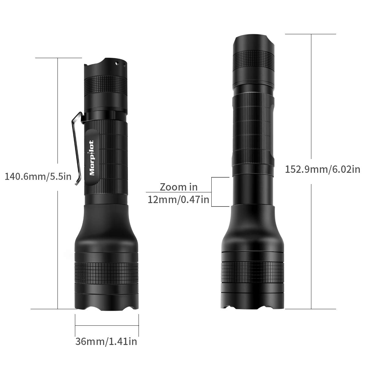 Linterna recargable Morpilot 2 EN 1 UV y LED Linterna Táctica con clip de bolsillo, 500 lúmenes y 4 modos de luz Linterna Zoom OUT/IN Impermeable IPX 4 (batería y cargador incluidos)