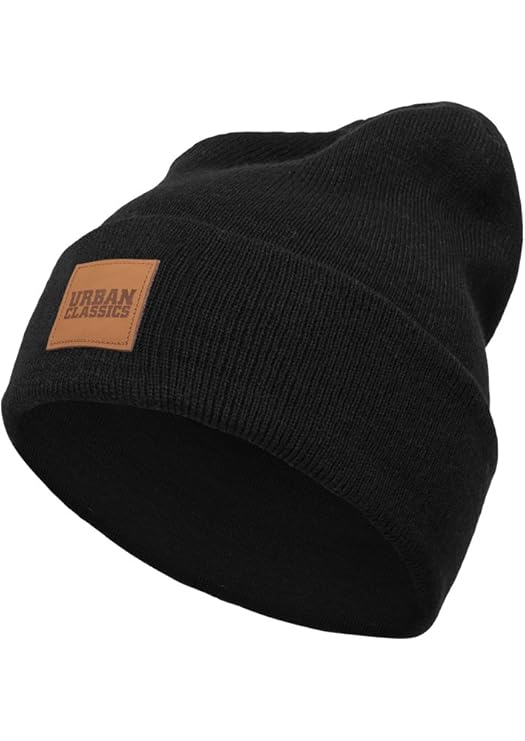 Urban Classics Unisex Strickmütze Leatherpatch Long Beanie, One Size (Herstellergröße: one Size)