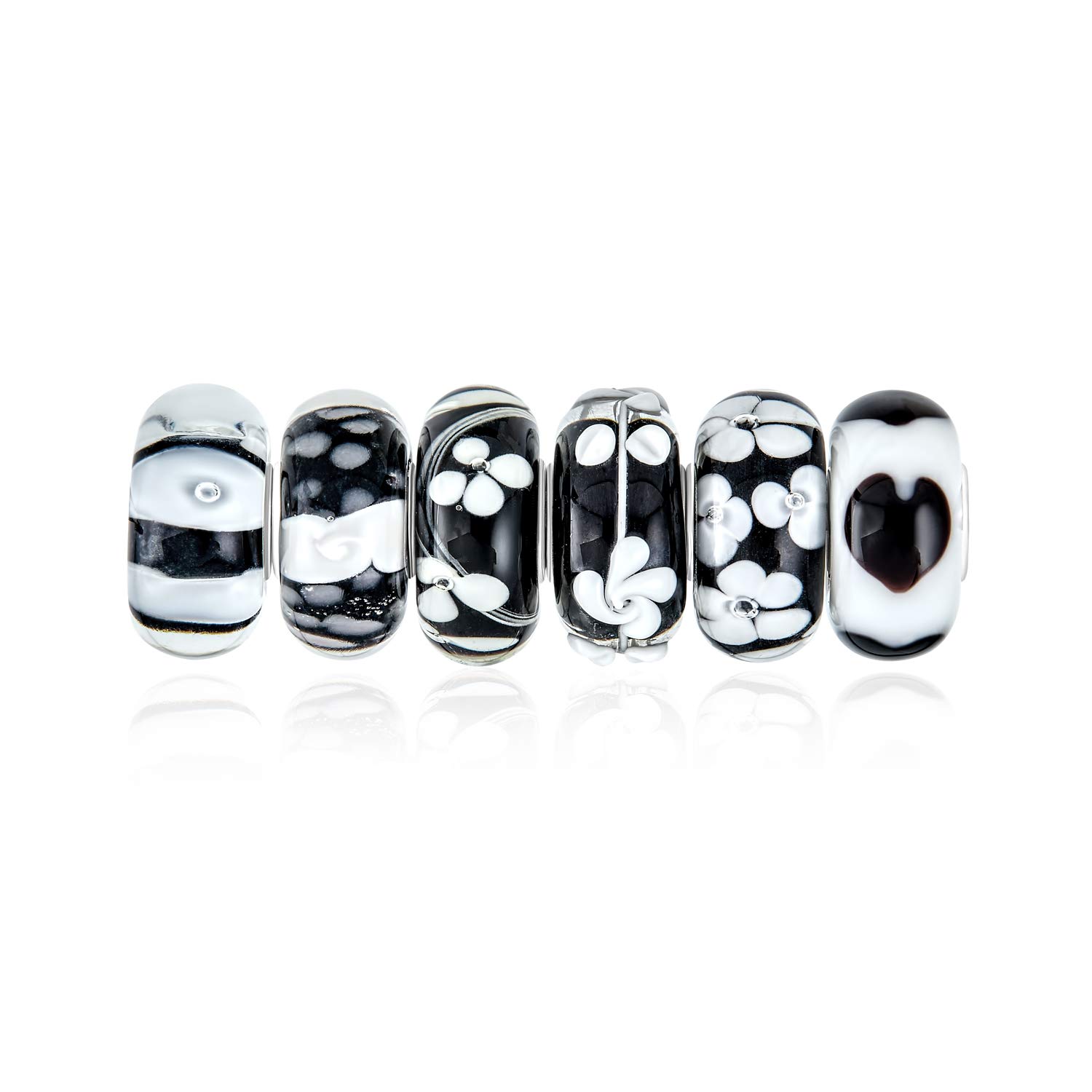 Bling Jewelry Mixed Set Of Bundle .925 Sterling Silver Core Translucent Shades Of White Black Floral Murano Glass Swirl Charm Bead Spacer Fits European Bracelet For Women Teen
