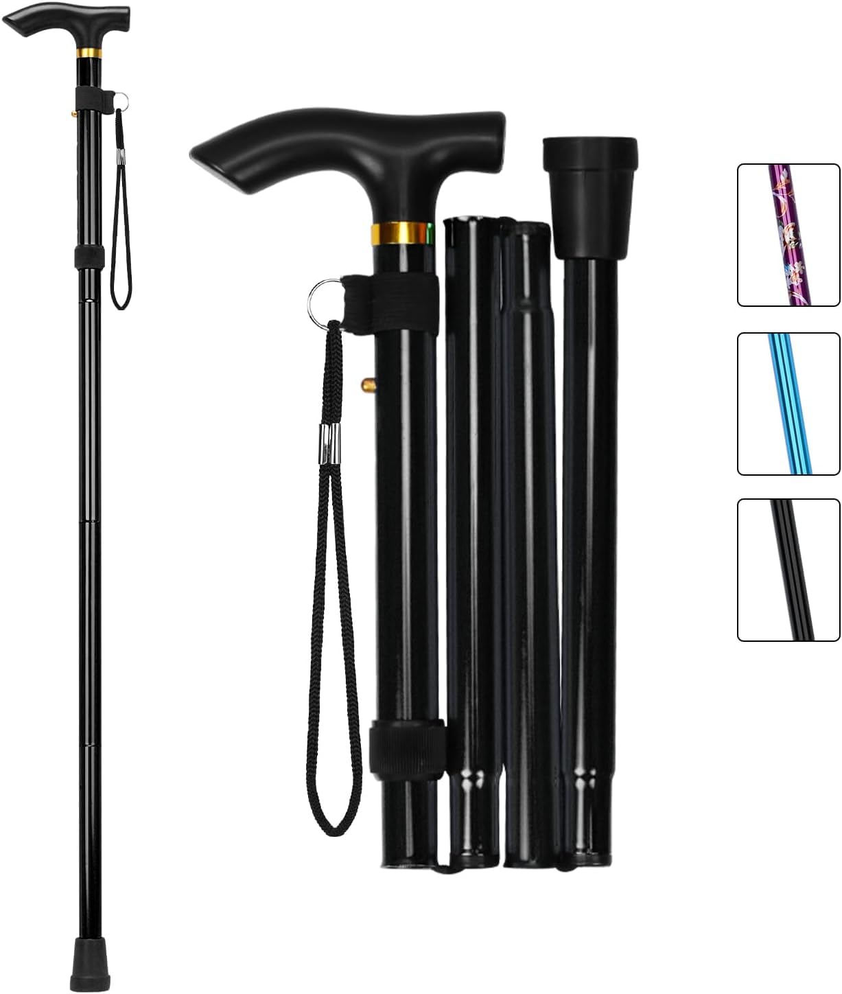 Folding Compact 4-part Walking Sticks for Women | Floral Walking Sticks for Disabled | Folding Walking Sticks for Ladies, Adjustable Walking Cane for Women (Black)