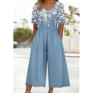Women's V Neck Short Sleeve Elastic Waist Culotte Jumpsuit Casual Loose Fit Romper for Summer Daily Vacation Weekend Wear