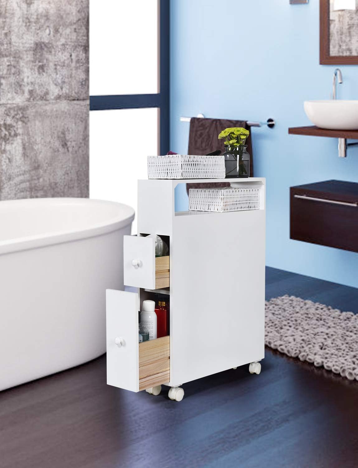 bathroom storage cabinets slim spaces on Slim Bathroom Storage Cabinet With Wheels Space Saving Narrow Toilet Floor Organizer With 2 Drawers And Baskets 20l X 6 3w X 28 5h Wooden Rolling Bathroom Floor Cabinet Home Kitchen Bath