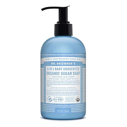 Dr Bronners Organic Sugar Soap Baby Unscented 12 Ounce Made With Organic Oils Sugar And Shikakai Powder 4 In 1 Use Hands Body Face And
