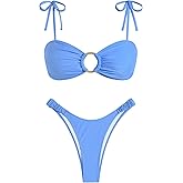 ZAFUL Women's Sexy Tie Spaghetti Strap Bikini Textured O Ring Ruched High Leg Swimsuit Cheeky Bathing Suits