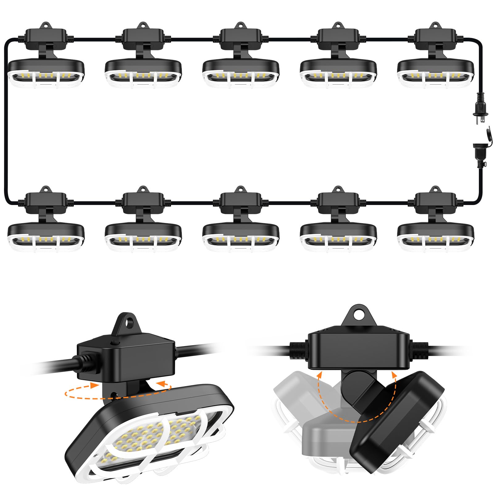 Photo 1 of 100ft LED Construction String Lights,Super Bright 15000lm 150w Adjuest 90&180 Degrees On Both Sides Waterproof IP66 Led String Work Lights, Construction Temporary Lights (100ft-Adjustable 10lights).