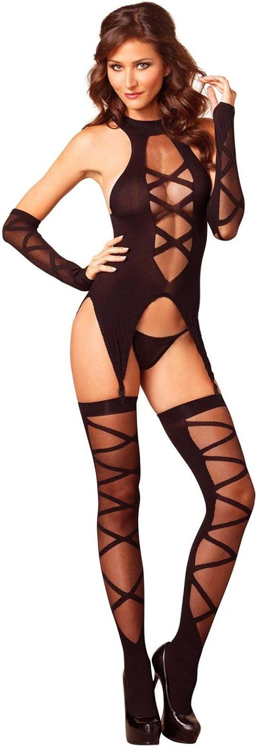 Leg Avenue Women's Cami Garter and Stockings with Fingerless Gloves, Black, One Size: Clothing
