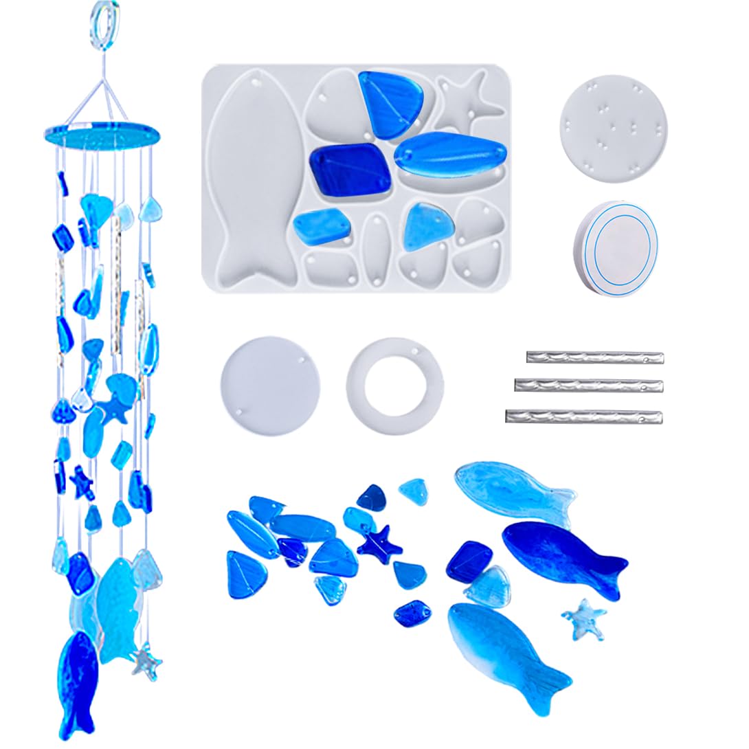 Koonafy 8 pcs Wind Chime Molds Kits Ocean Style Windchimes Casting Mold Seashell Fish Epoxy Silicone Molds for DIY Wind Bell, Keychain Earring Pendants Ornaments (Ocean)