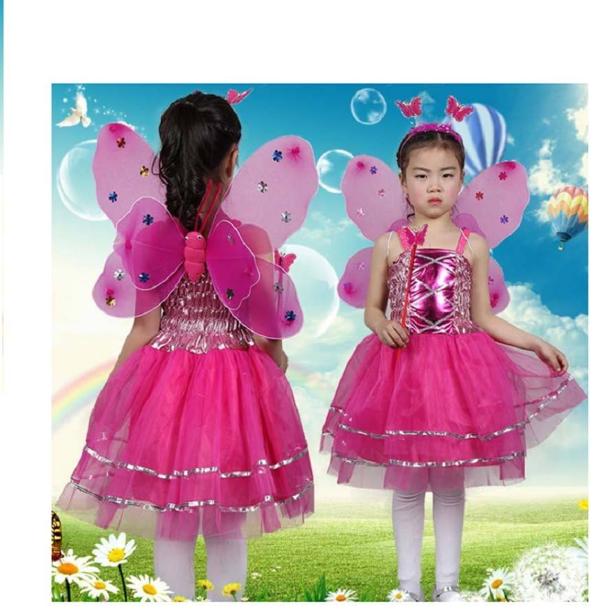 MATISSA Girls 4 Pcs Complete Butterfly Fairy Costume Set Kids Butterfly Wings Alice Headband TUTU Dress Wand (Hot Pink)