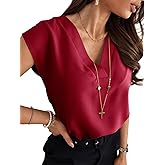 Lynwitkui Women's V Neck Chiffon Blouses Cap Sleeve Shirts Casual Loose Work Office Solid Tops
