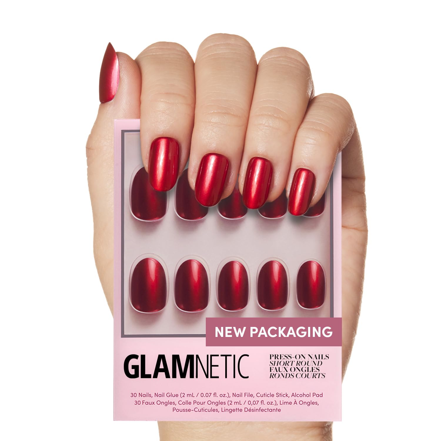 Photo 1 of Glamnetic Press On Nails - Cherry Glaze | Short Round Bright Cherry Red Nails with a Glaze Finish | 15 Sizes - 30 Nail Kit with Glue