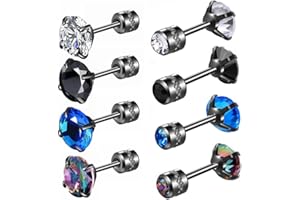Hopply 4 Pairs Titanium Screw Back Surgical Stainless Steel Earrings for Women Men,Rainbow 5A Cubic Zirconia Studs Double Side Earrings Piercing Sleeper Jewelry 6mm