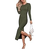 Bamulu Women's Bodycon Maxi Dress Winter Fall Long Sleeve Side Slit Dresses Knit Fitted Tight Basic Party Club Cocktail