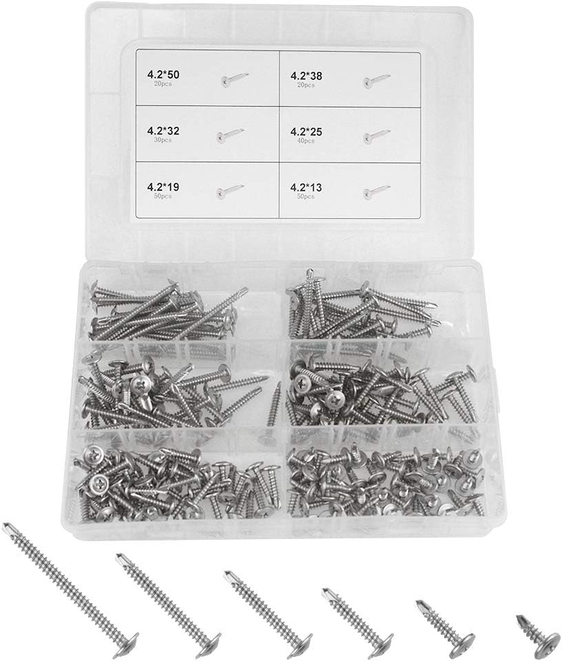 WMYCONGCONG 210 PCS 410 Stainless Steel #8 Wafer Head Phillips Self Drilling Screws Sheet Metal Tek Screws Assortment Kit