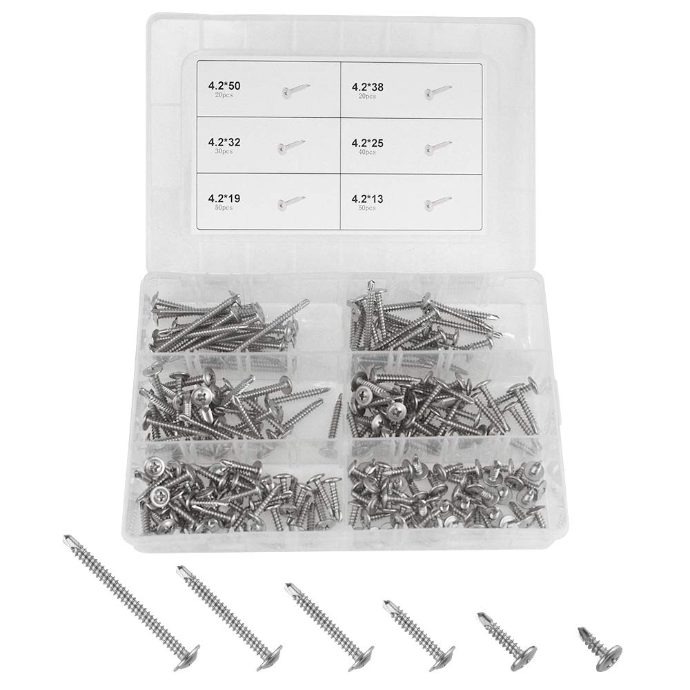 WMYCONGCONG 210 PCS 410 Stainless Steel #8 Wafer Head Phillips Self Drilling Screws Sheet Metal Tek Screws Assortment Kit, M4.2 * 13-M4.2 * 50