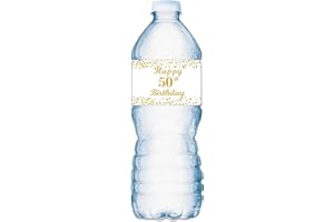 ROKAPARY 50th Birthday Water Bottle Labels; Set of 25 Waterproof Water Bottle Wrappers; Gold and White. Happy Birthday Labels