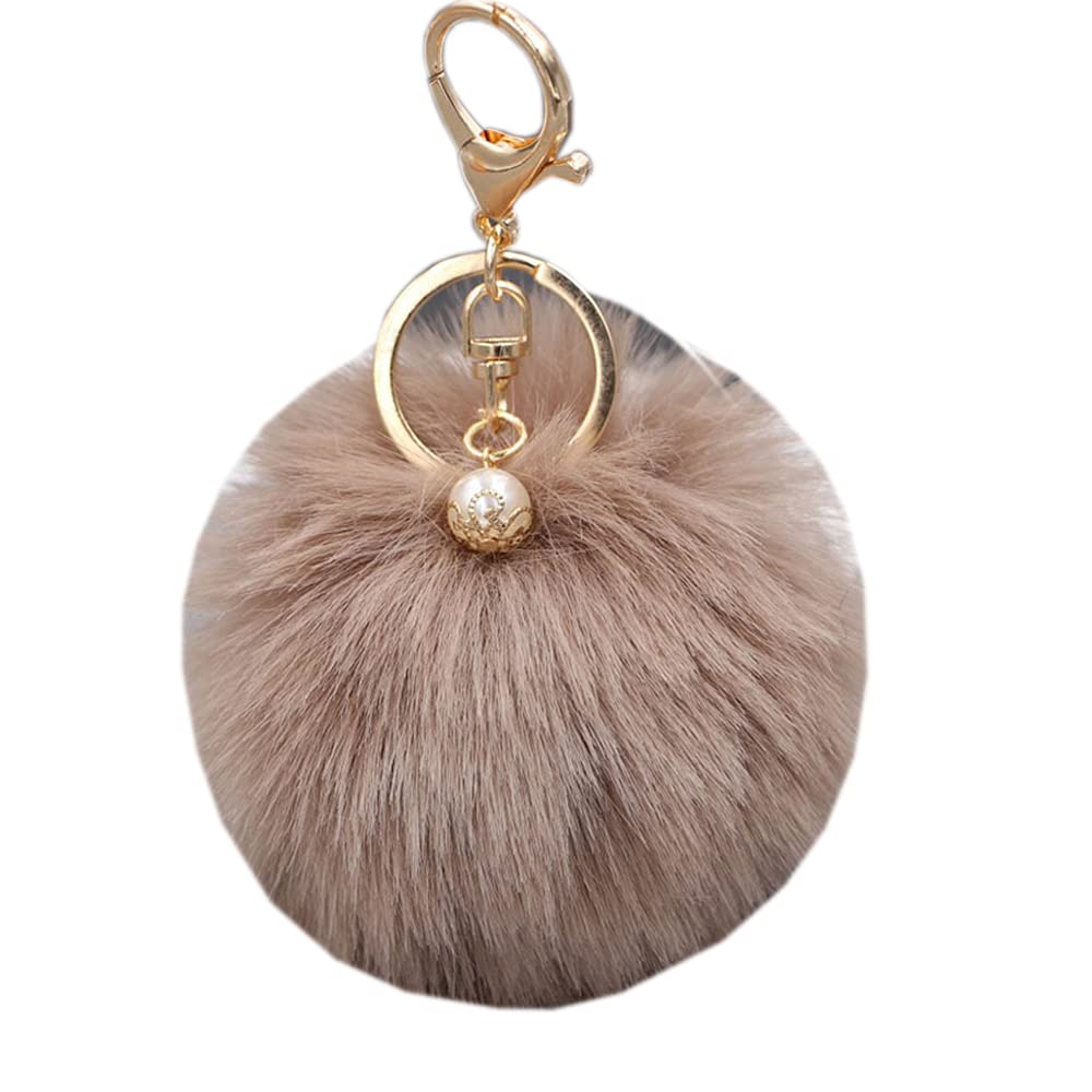 Shining Crown Pom Pom KeyChain Fluffy Fur Ball Pearl Keyring Pendant Accessory Charm for Women Handbag Car Key with Giftbox,Coffee Gold