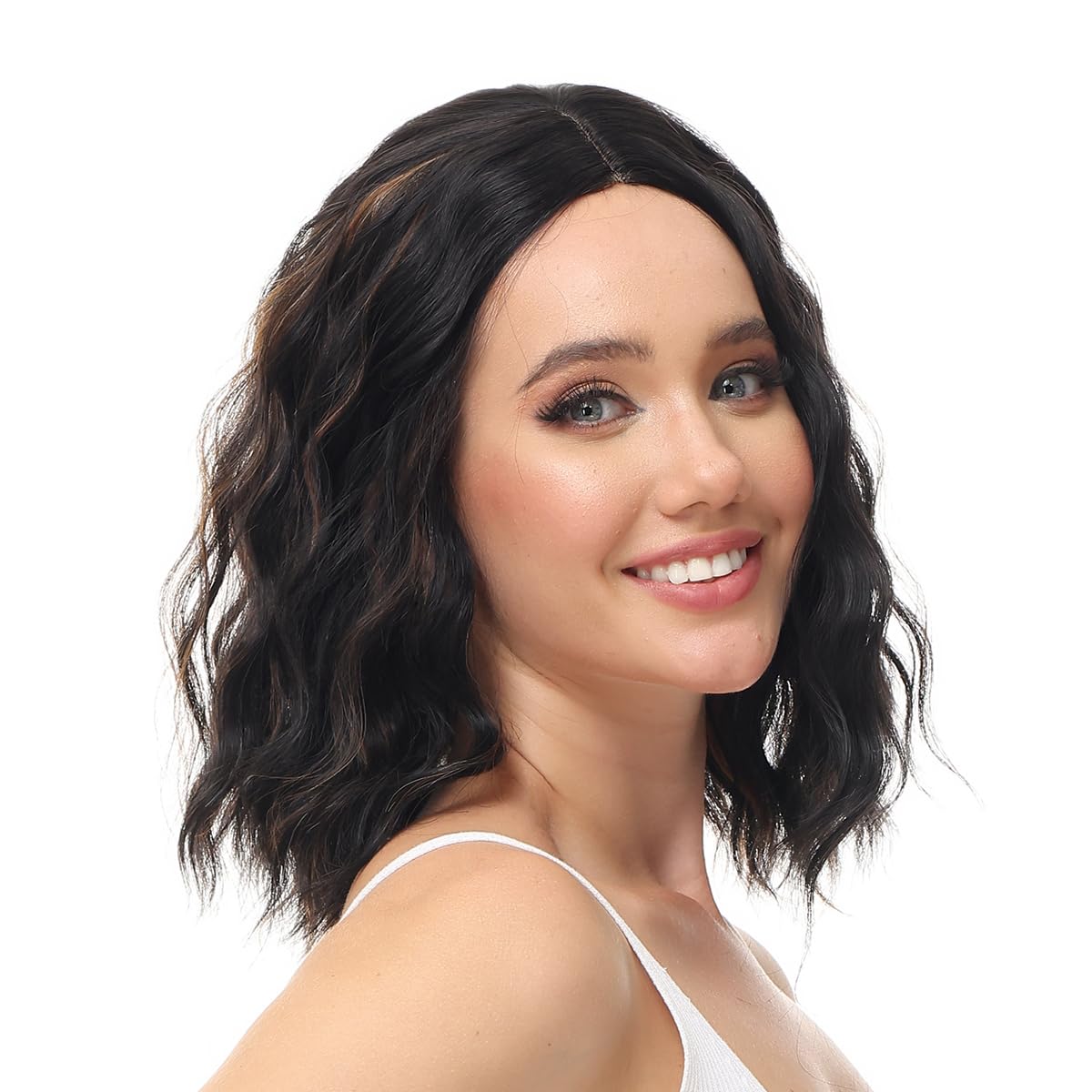 Yamel Wavy Bob Wig Natural Wig Black mix Brown Synthetic Hair Shoulder Length 14 Inch Short Curly Middle Part Lace Front Wigs for Women