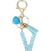 PATIKIL Alphabet Initial Letter Keychain, Resin Cute Keychains with Tassel Heart Letter V Pendant Charm for Women Key Purse Handbag Bag Accessories, Blue