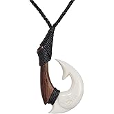 81stgeneration Hand-Carved Bone and Wood HEI Matau Shark Pendant - Men's Surfer Accessory - Handmade Maori-Style Fish Hook Cord Necklace - Wooden Tribal Jewelry for Women - Gift for Ocean Lovers
