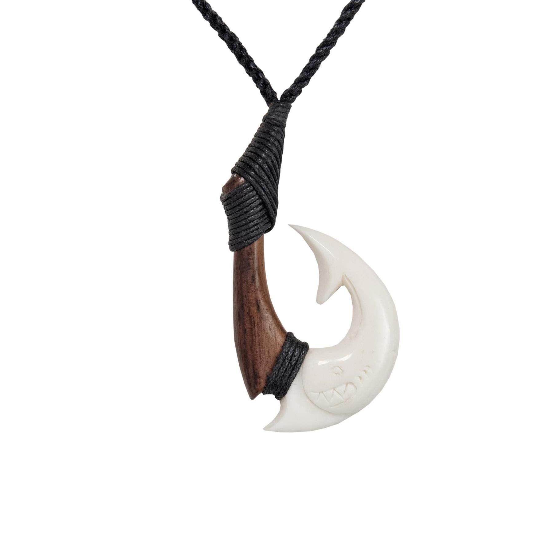 81stgeneration Hand-Carved Bone and Wood HEI Matau Shark Pendant - Men's Surfer Accessory - Handmade Maori-Style Fish Hook Cord Necklace - Wooden Tribal Jewellery for Women - Gift for Ocean Lovers