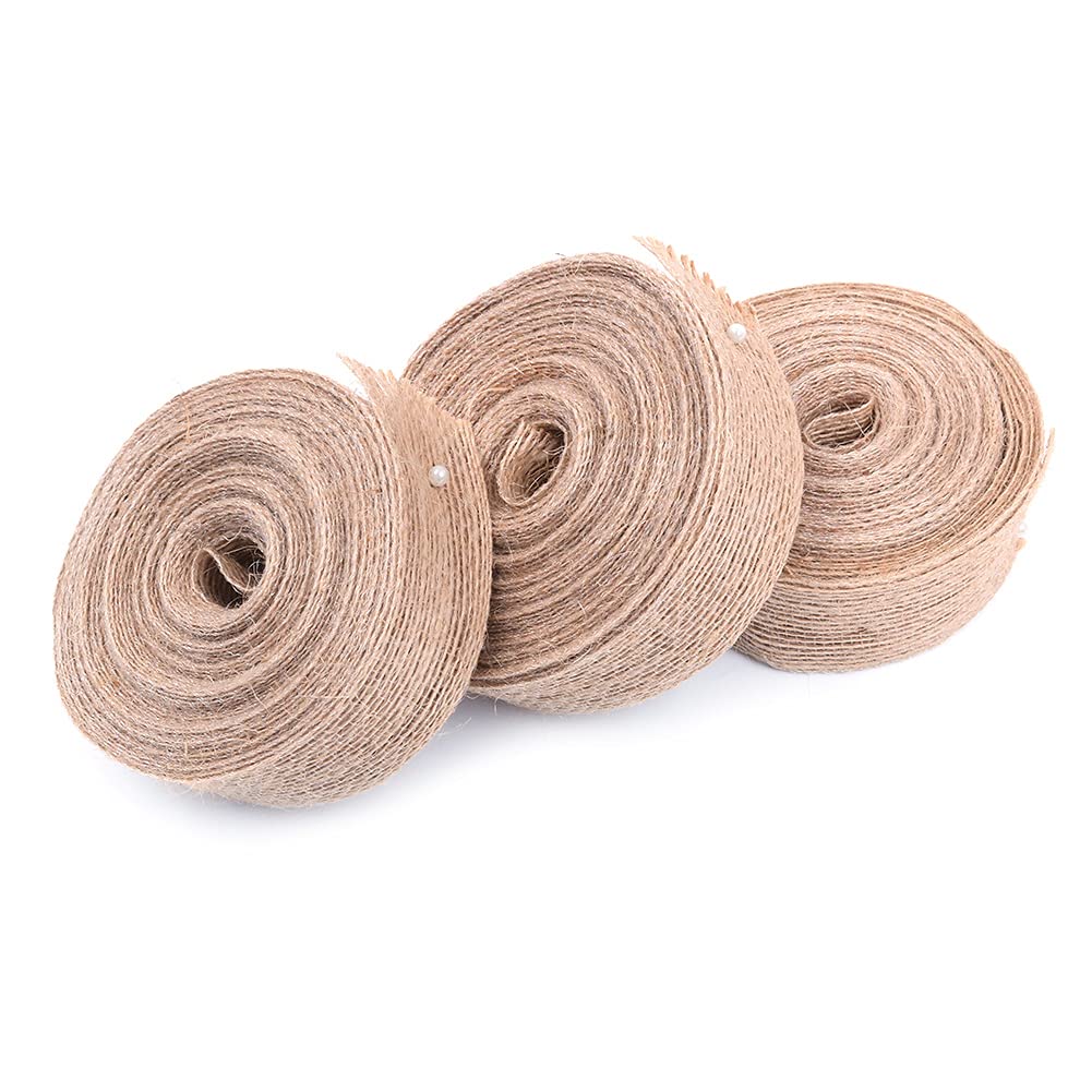 Alnicov 3 Rolls of Natural Jute Burlap Fabric Ribbon for Christmas Tree Gift Wrapping Wedding Event Party Home Bows Crafts Decoration,11 Yards Each Roll,1.0 Inch Wide