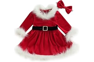 XuKoccYiee Toddler Baby Girls Christmas Velvet Dress with Headband Long Sleeve Fur Trim Santa Baby Dress Cosplay Costume