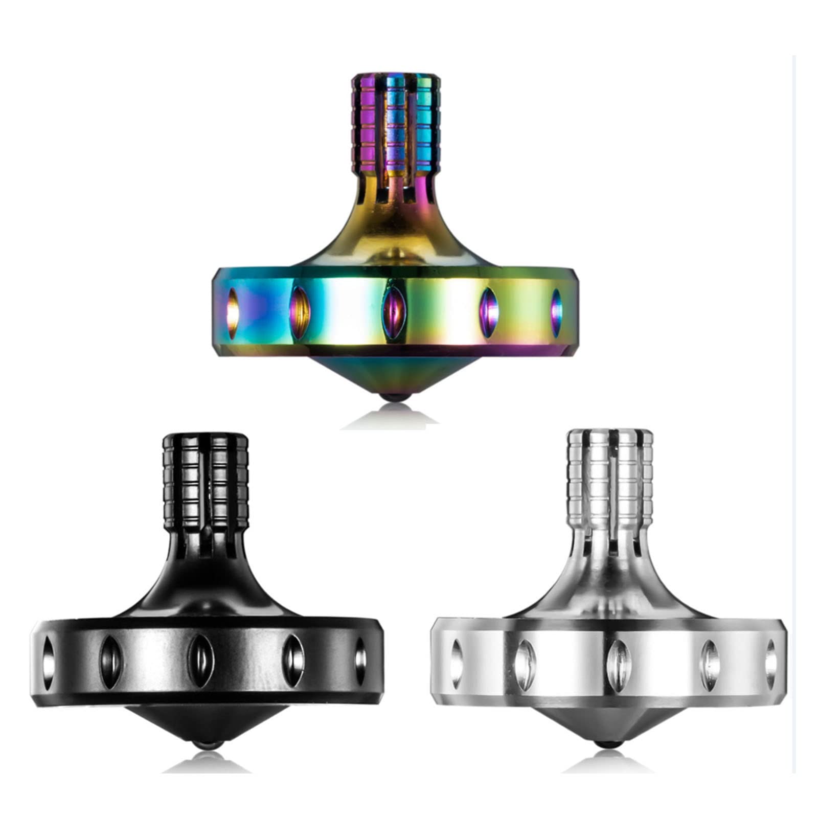 Precision Metal Spinning Top, Perfectly Balanced, Spin Smooth, Long Rotation Time, Easily Over 10 Minutes, Portable EDC Toy (3PCS L, Black+Silver+Iridescent)