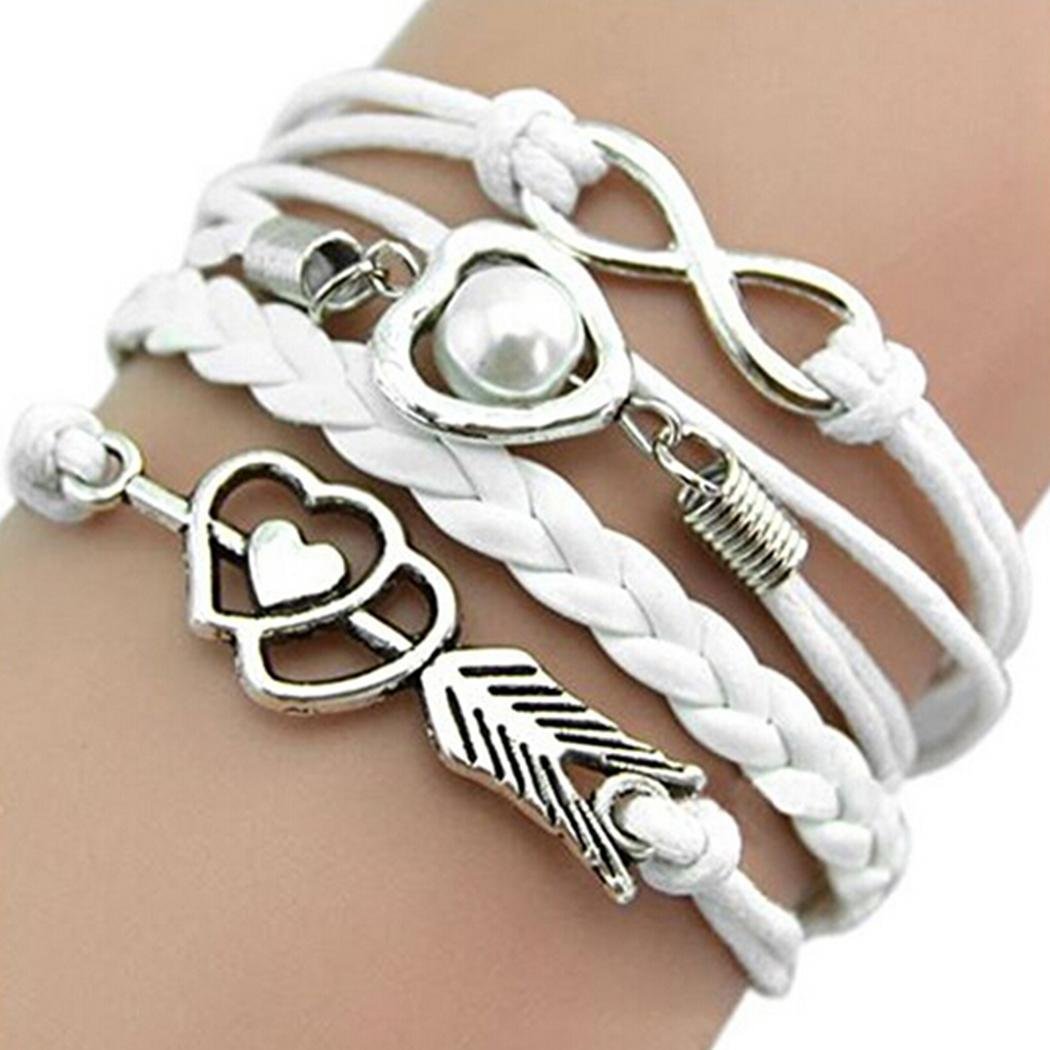 IEnkidu Women Vintage Style Love Infinity Friendship Multilayer Synthetic Leather Braided Bracelet (White)
