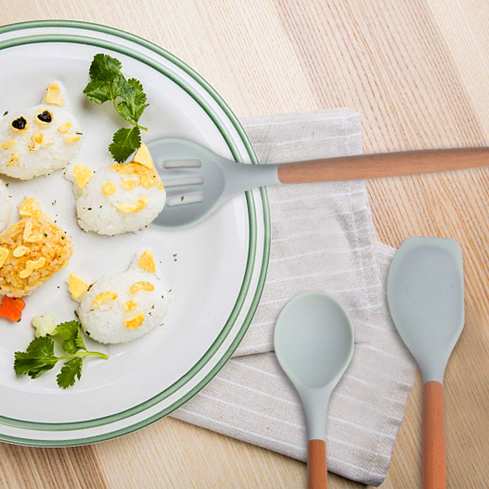 Silicone Cooking Utensils with Holder, Kitchen Utensil Set,Yostyle 9-Piece Cooking Utensils & Spatulas Set with Bamboo Wood Handles for Nonstick Cookware, Utensils Holder Included(BPA Free)