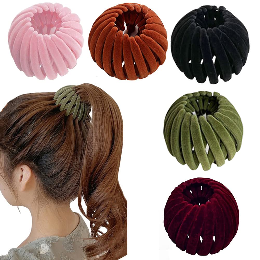5 Pcs Birds Nest Hair Clip Velvet Expandable Hair Bun Ponytail Holder Claw Clamps Quick Banding Tool Hair Accessory for Women Girls