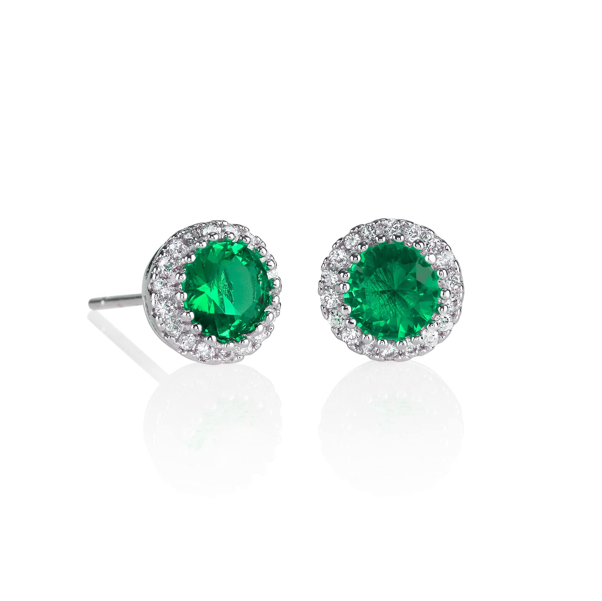namana Halo Stud Earrings with Emerald Green Cubic Zirconia Stones, Silver Earrings for Women with AAA Green and Clear CZ Stones, Simple Green Earrings, Jewellery Gifts