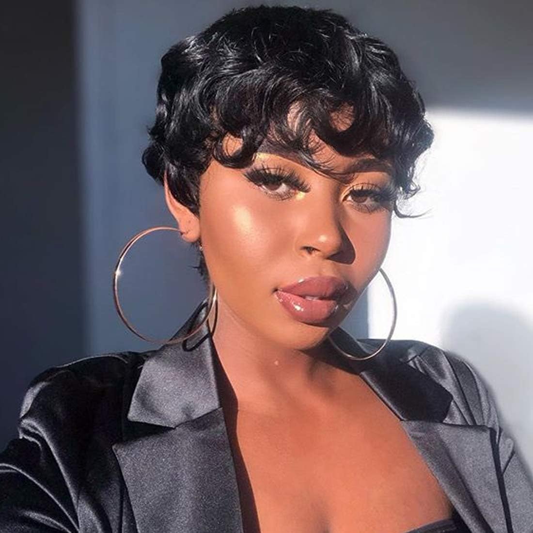 RUISENNA 100% Human Hair Short Curly Wigs For Black Women Pixie Wig Big Curls Short Wig
