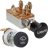 Headlight Wiper Switch Kit Universal, 3-Position, Single Motor | Off/Park/Headlight control, Low/High wiper speeds, 12V 15A rating, screw and blade terminals