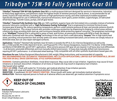 TriboDyn 75w90 Synthetic Gear Oil 1 US Quart - Premium Full Synthetic Oil + Patented Additives - Lower Gearbox Temperatures - Incredible Cling Rate - Extreme Shock and Load Protection