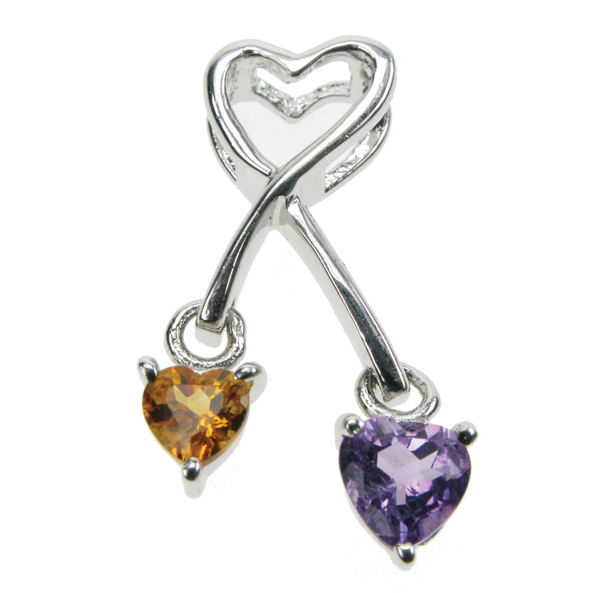 Zilver Designs Ltd Crossed Hearts - 925 Sterling Silver with Amethyst and Citrine - Pendant with 18" Chain - Gift Boxed