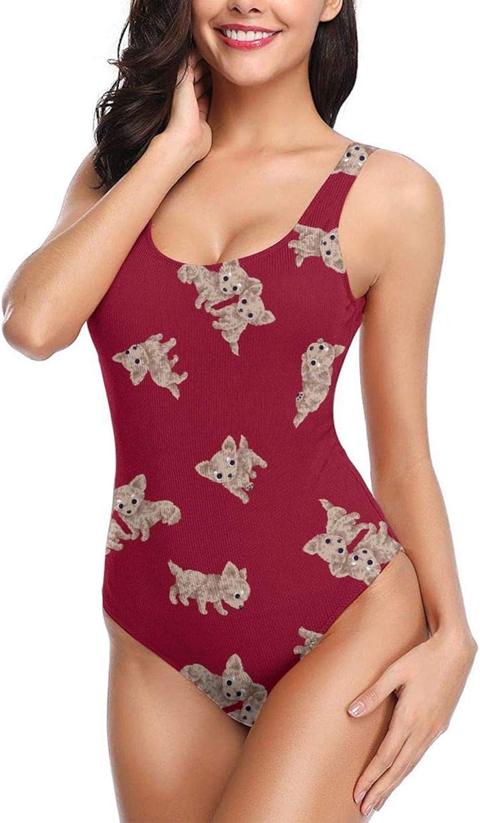Women S Inspired High Cut Low Back One Piece Chihuahua Dog Poses In Red Swimwear Bathing Suits Swimsuits At Amazon Women S Clothing Store